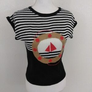 VINTAGE Striped Sailboat Lifebuoy Nautical Ocean Short Sleeved Sweater Top